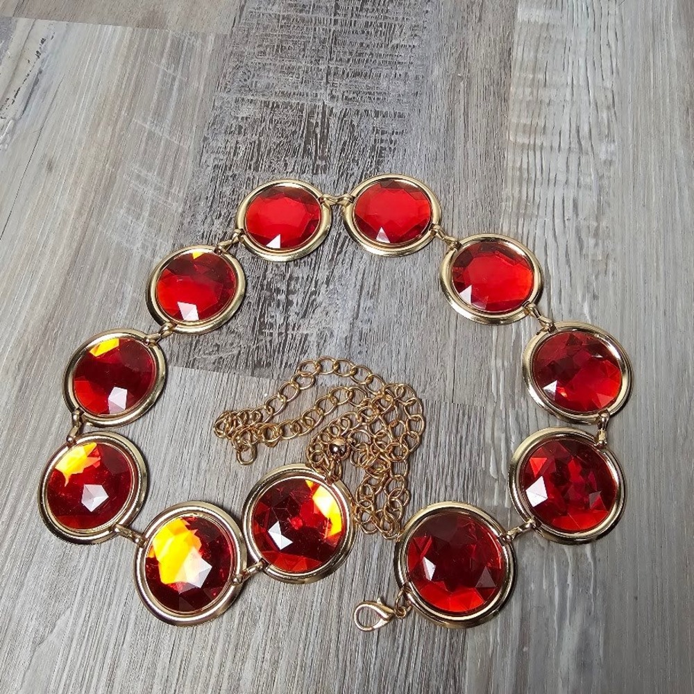 Womens Faceted Red Jewel Chain Belt OS Gold Tone Statement Glam Regencycore